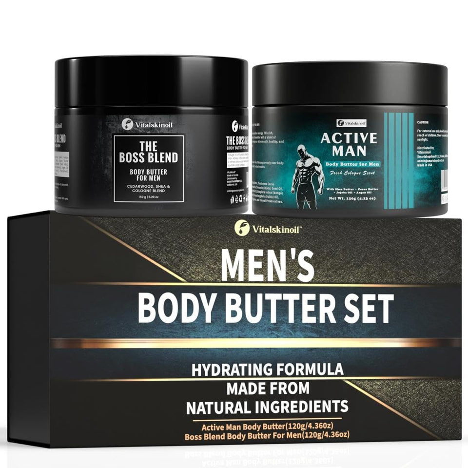 VITALSKINOIL body butter for men with two cologne-scented bottles, ideal for gifting.