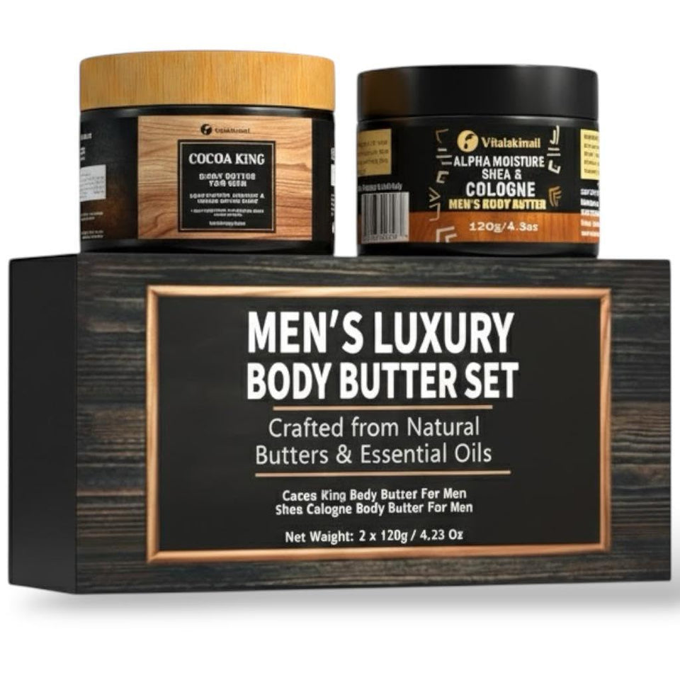VITALSKINOIL body butter for men set packaging showing two hydrating jars for long-lasting moisture