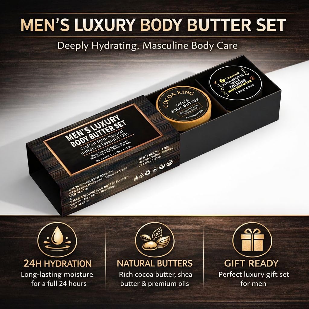VITALSKINOIL body butter men two-tubs close-up highlighting luxurious shea and cocoa formulas for soft skin