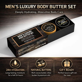 VITALSKINOIL body butter men two-tubs close-up highlighting luxurious shea and cocoa formulas for soft skin