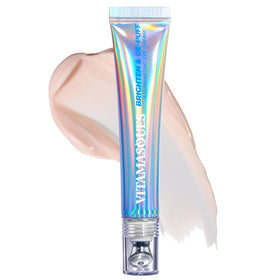 Vitamasques Brighten & De-Puff Eye Cream bottle close-up showing glow and benefits.