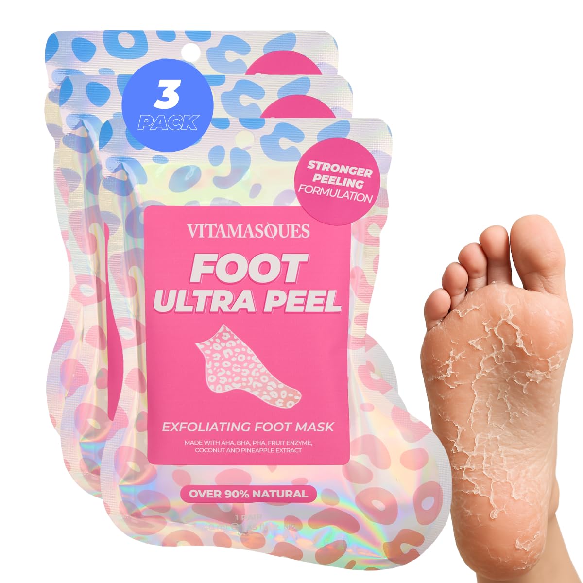 Vitamasques foot peeling mask packaging with three pairs for at-home care.