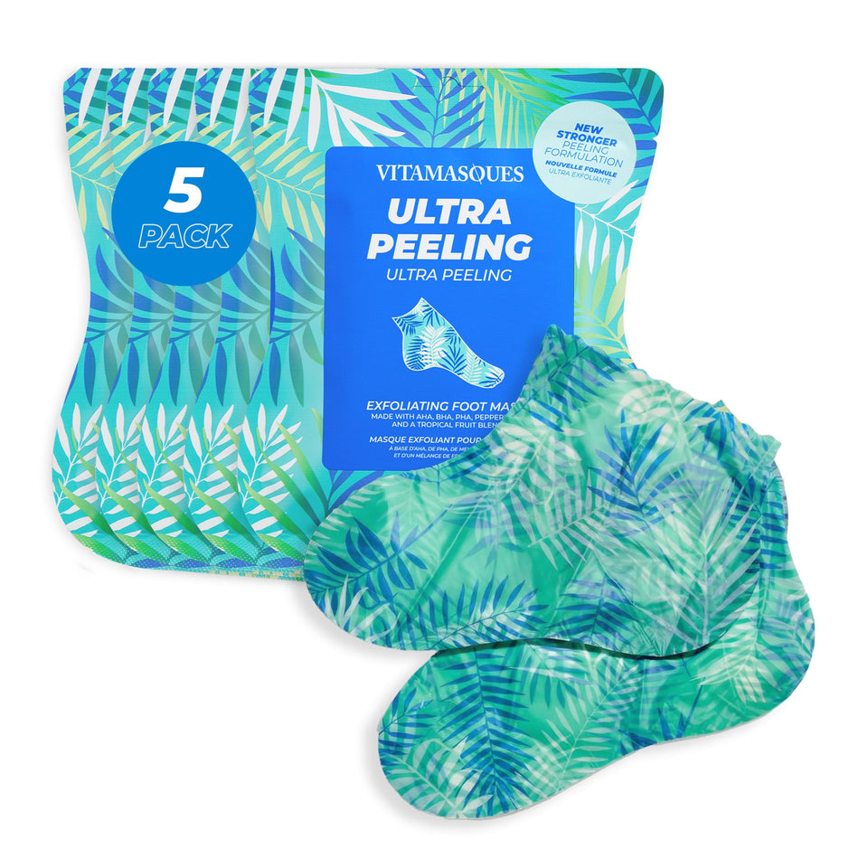 Vitamasques Foot Peeling Mask packaging with five-pair set for home care.