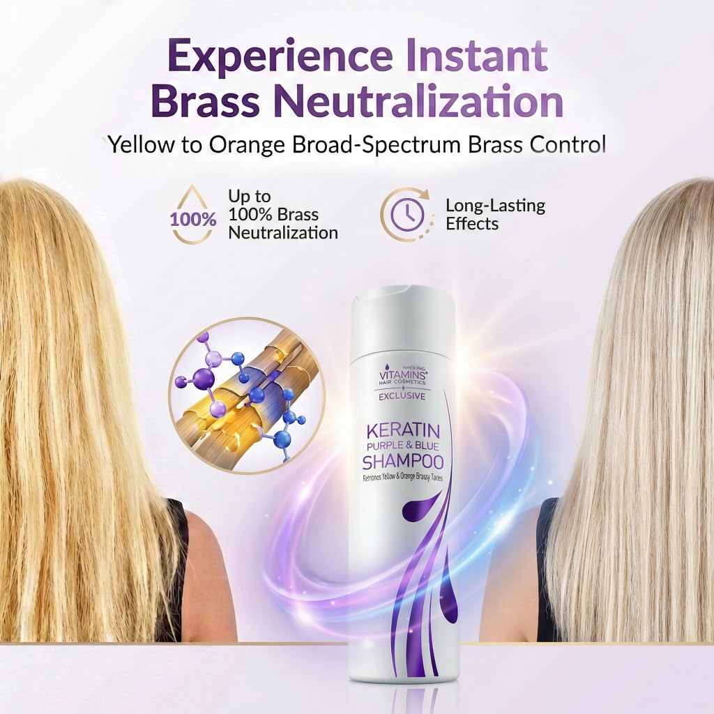 VITAMINS blue purple shampoo rich lather neutralizes brassiness in blond and silver hair