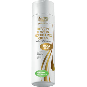 VITAMINS keratin leave-in bottle pump showing easy application and lightweight conditioning
