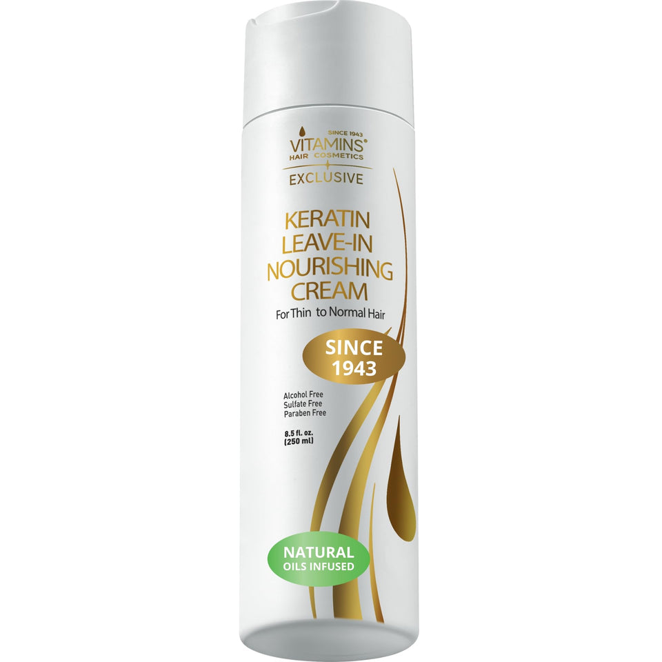 VITAMINS keratin leave-in bottle pump showing easy application and lightweight conditioning