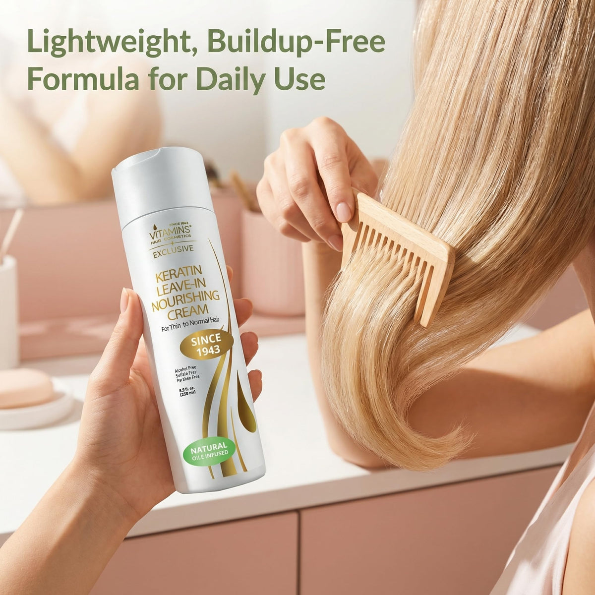 Color-treated hair benefits from VITAMINS keratin leave-in protection