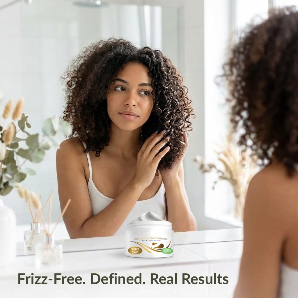 Product packaging showing the keratin leave-in conditioner for informed purchase decisions.
