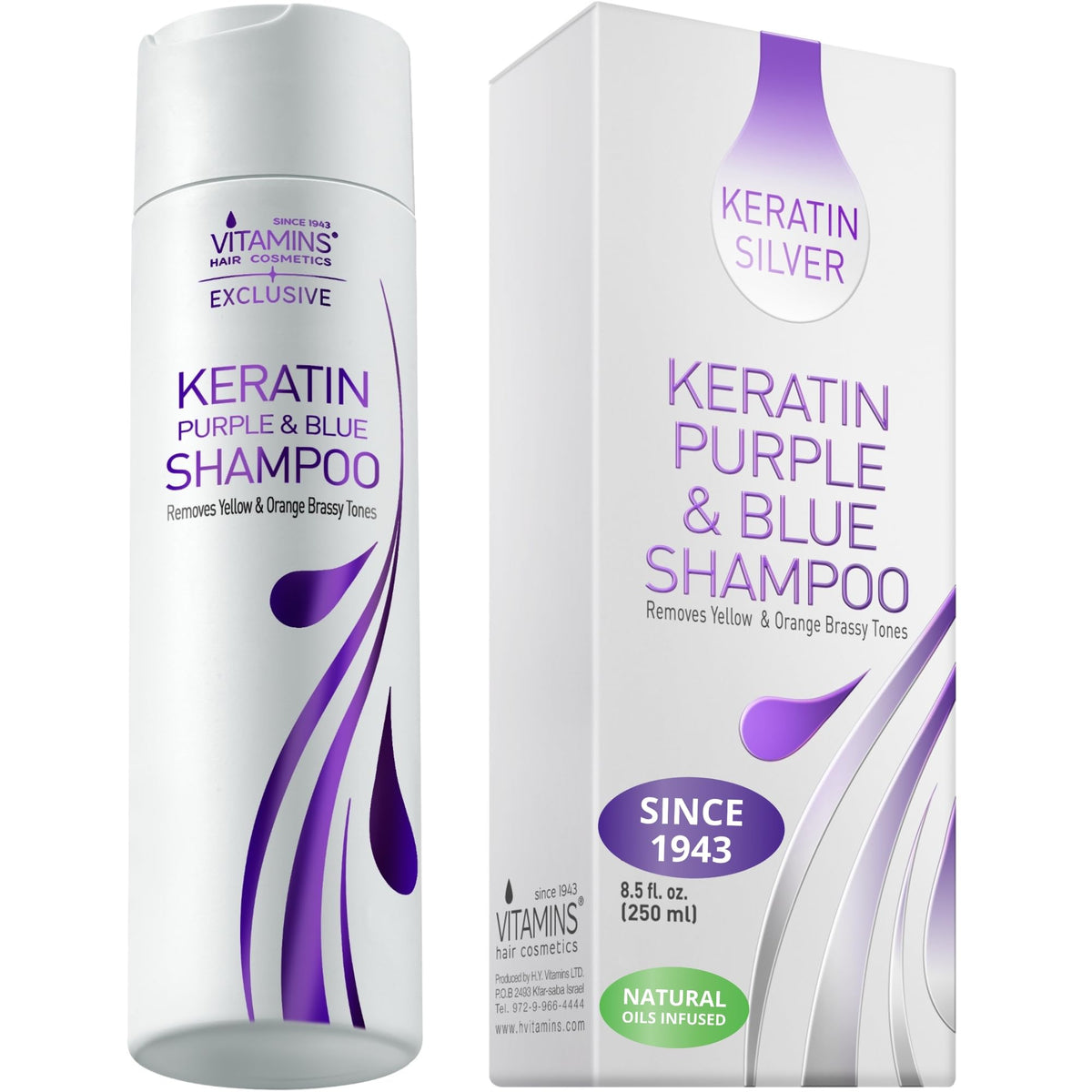 VITAMINS Keratin Purple Shampoo bottle front tones brassiness for blondes