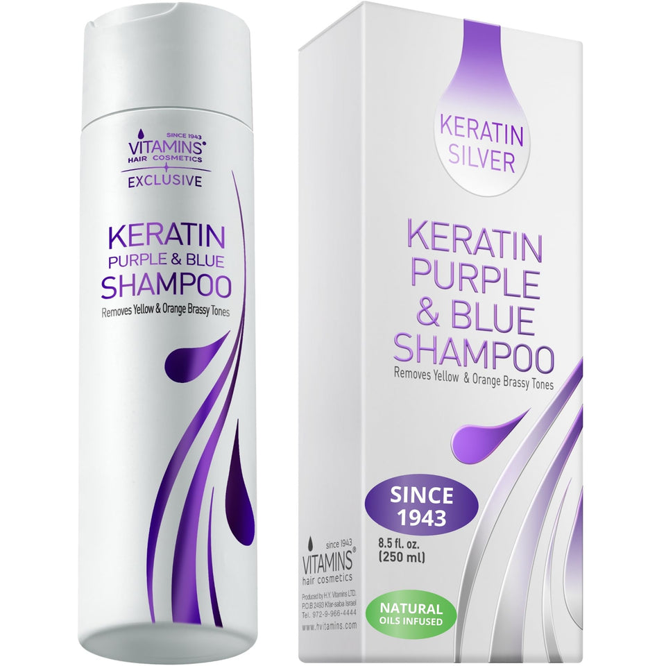 VITAMINS Keratin Purple Shampoo bottle front tones brassiness for blondes
