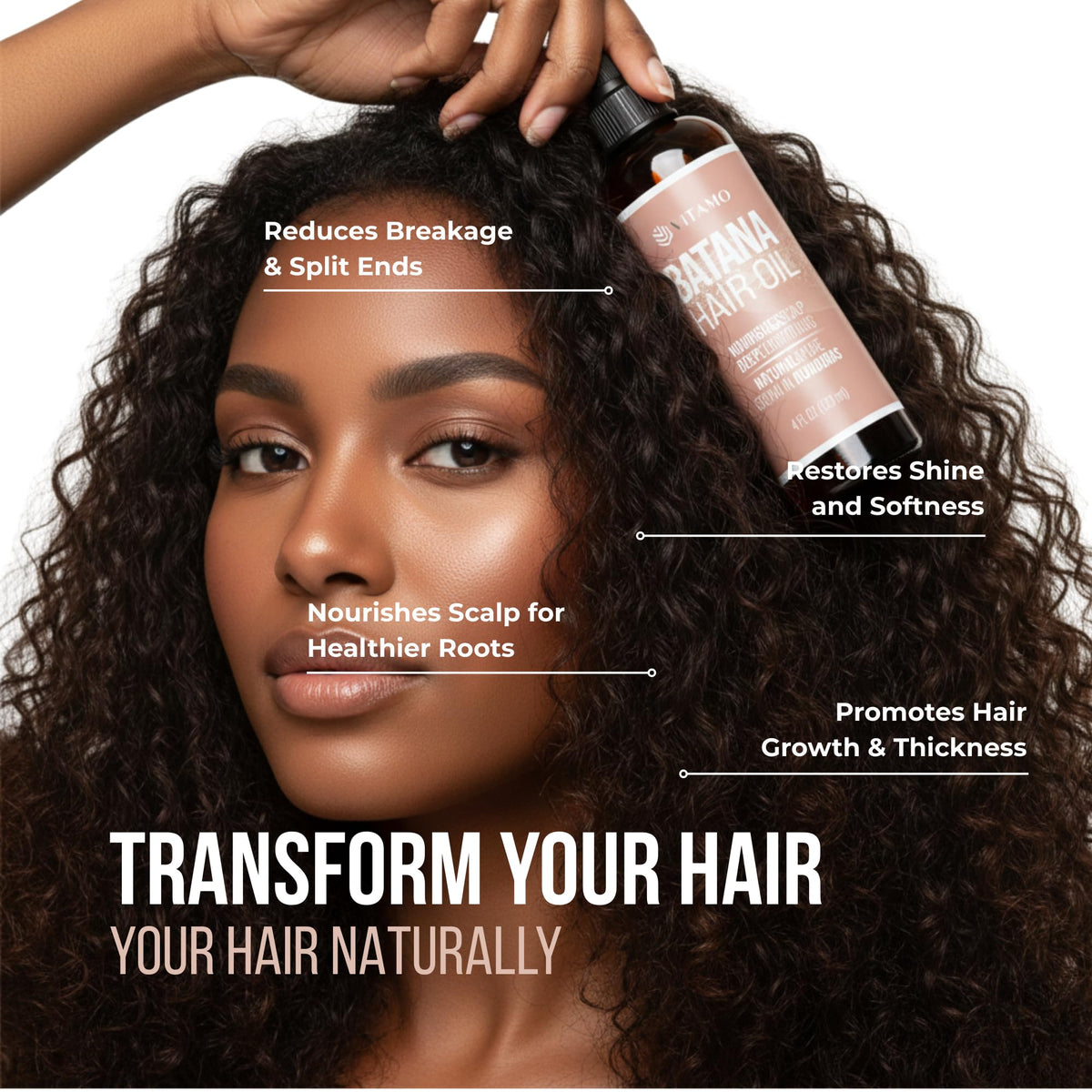 Vitamo Batana Oil close-up emphasizes purity for daily use.