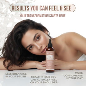 Vitamo Batana Oil on hair strands for shine and manageability.