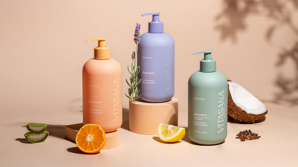 Vitasana 16oz bottle on sink, long-lasting everyday cleanser.