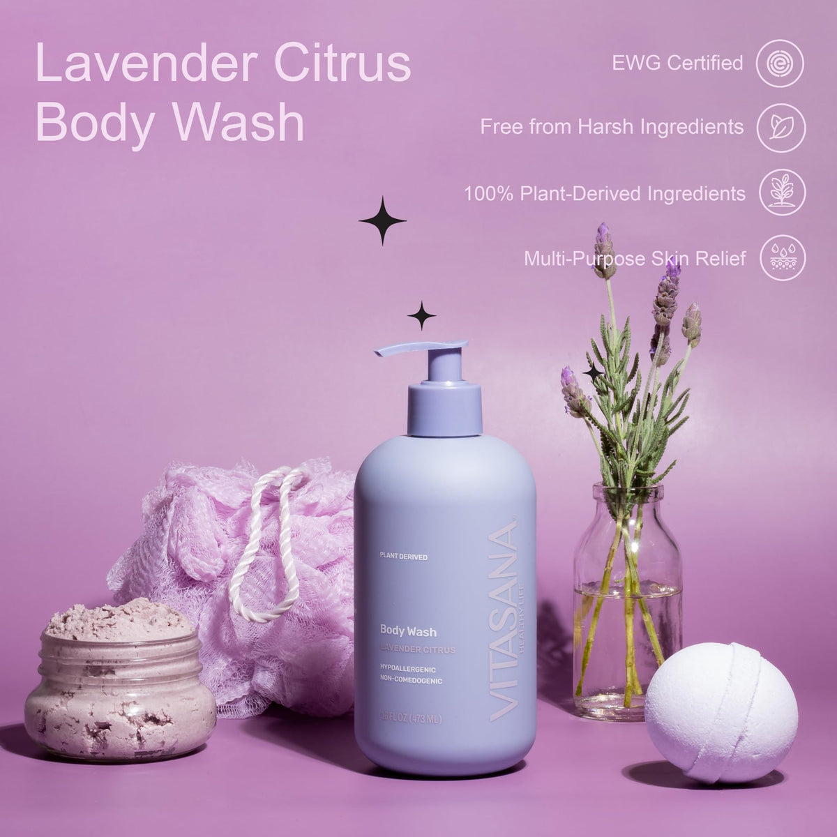 Vitasana plant-based ingredients display with aloe and rosemary highlights.