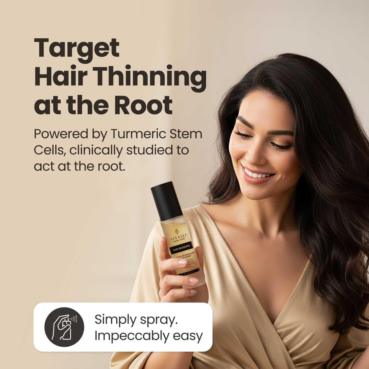 Vitasei Hair Booster Serum label highlights Capilia Longa and olive stem cell ingredients.