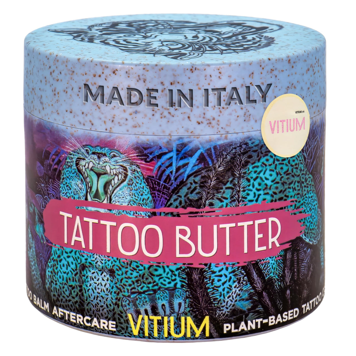 VITIUM Tattoo Butter jar closeup shows creamy hydration for aftercare.