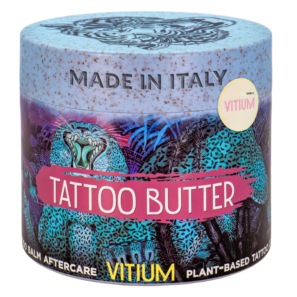 VITIUM Tattoo Butter jar closeup shows creamy hydration for aftercare.