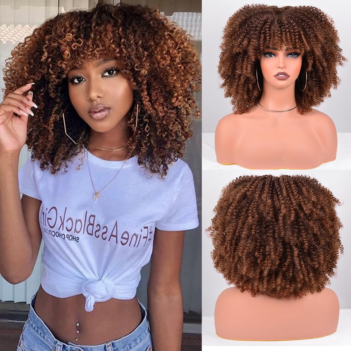 Vitorish Afro Wig 12in kinky curly ombre brown front view for natural, voluminous styling