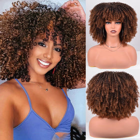 Vitorish synthetic wig 12in curly afro with bangs, ideal for daily wear.