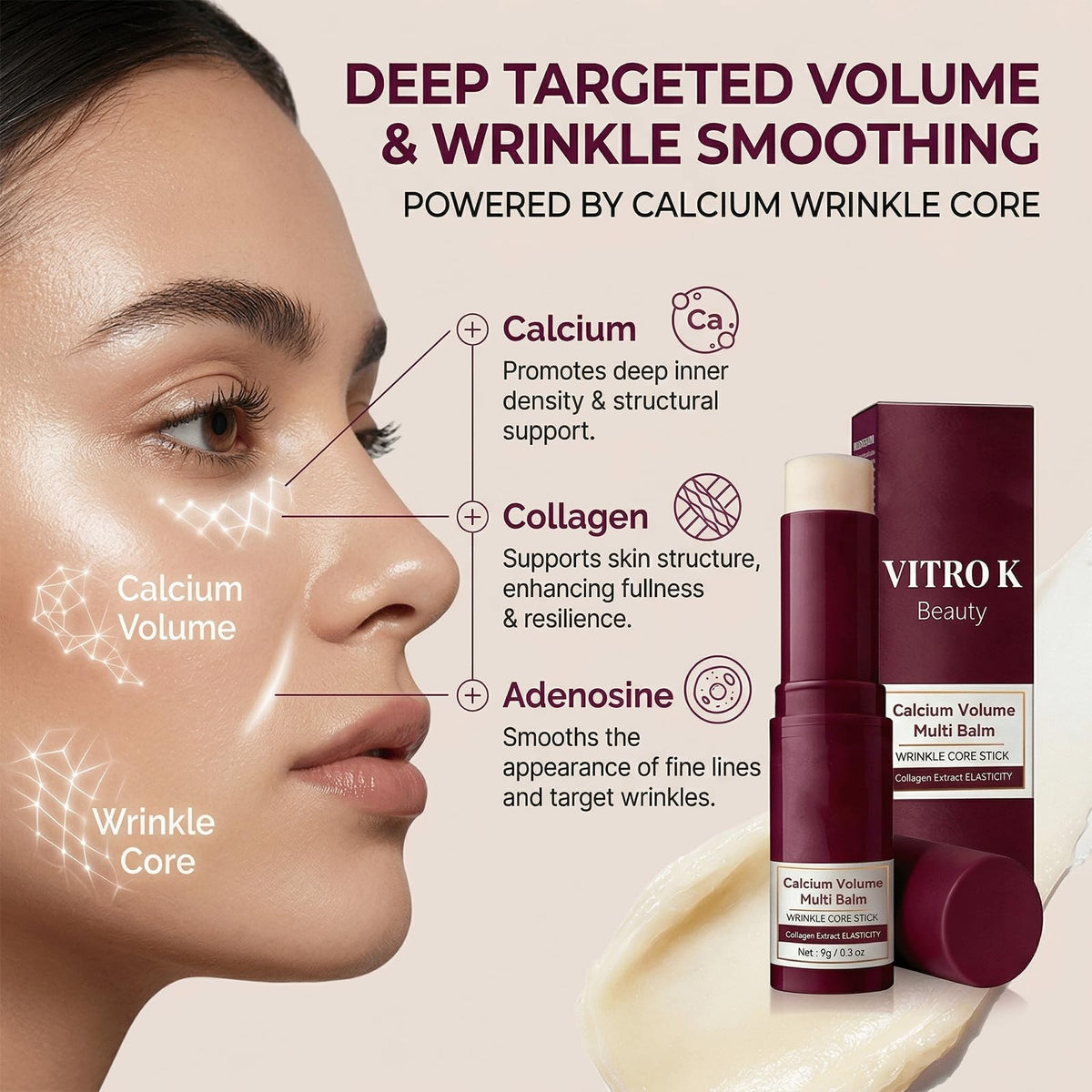 Vitro K Beauty Stick applied on the face for targeted moisture.