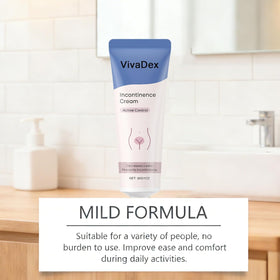 VivaDex Incontinence Cream tube being squeezed for smooth, quick absorption and discreet application