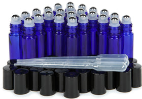 Vivaplex 24-pack cobalt blue 10ml roll-on bottles with UV protection for oils.