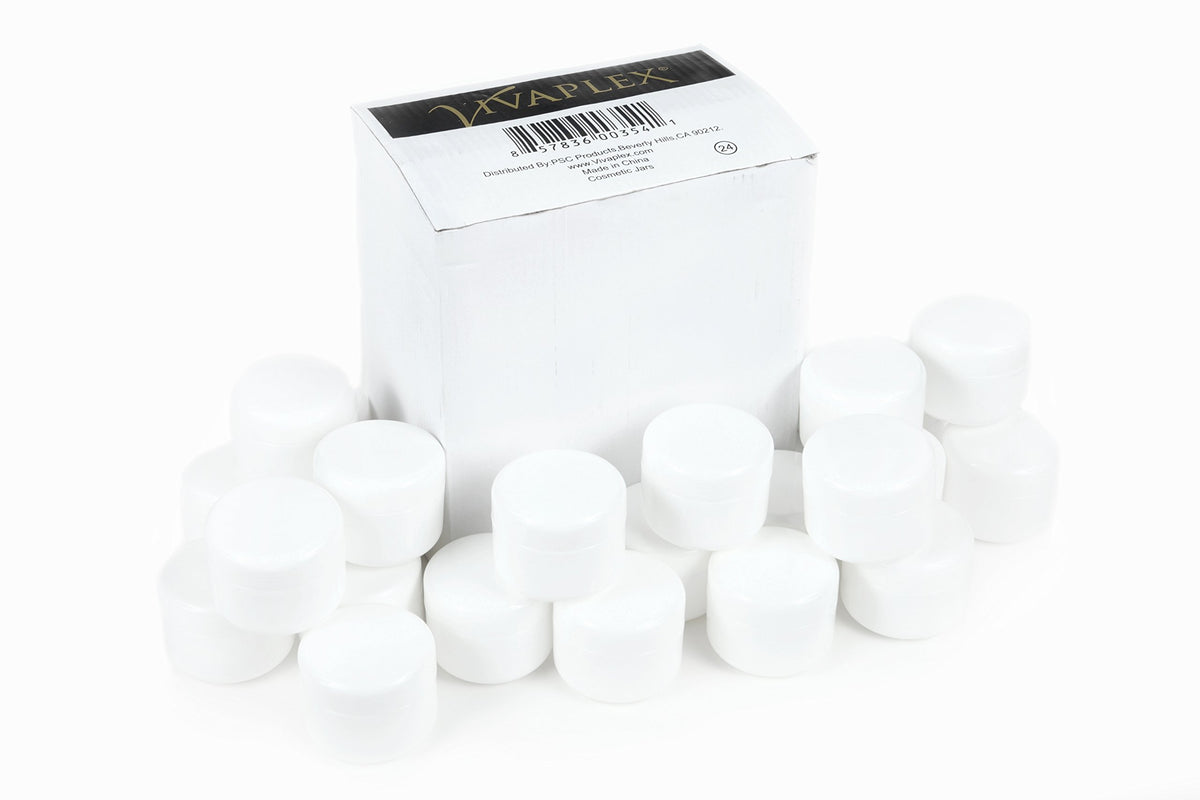Vivaplex 2oz white cosmetic jar stacked for vanity organization.