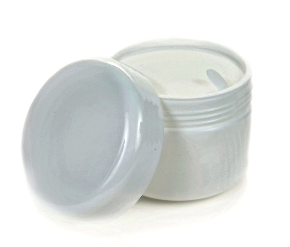 Vivaplex 2oz white cosmetic jar with liner and dome lid, ideal for travel-sized creams.