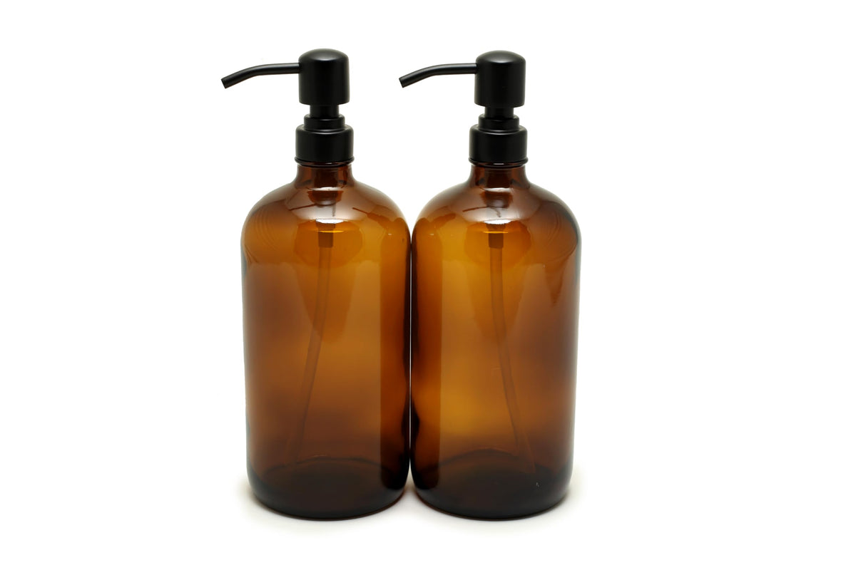Vivaplex 32 oz amber glass bottle with pump for soaps and lotions.