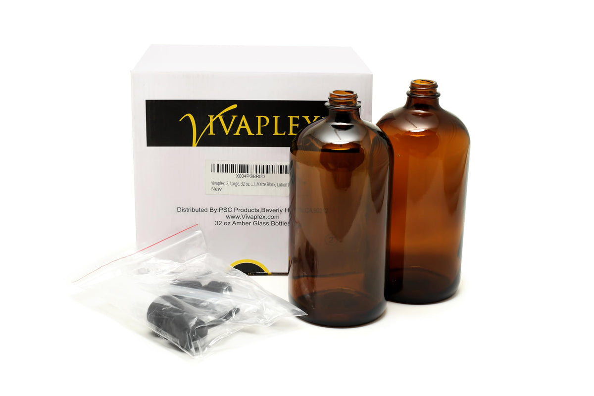 Vivaplex amber glass bottle on display highlights reusable packaging.