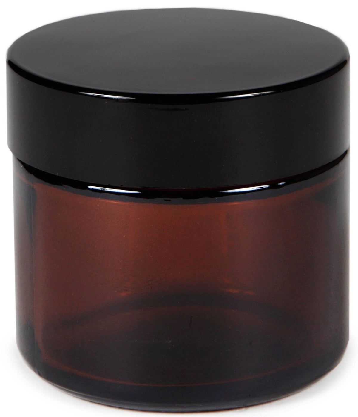 Vivaplex amber 2 oz jar with black lid offers durable, reusable storage.