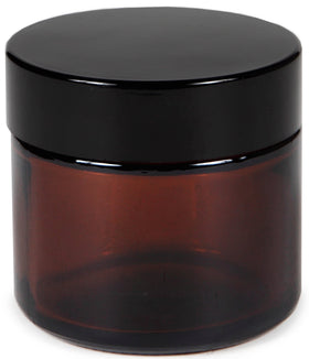 Vivaplex amber 2 oz jar with black lid offers durable, reusable storage.