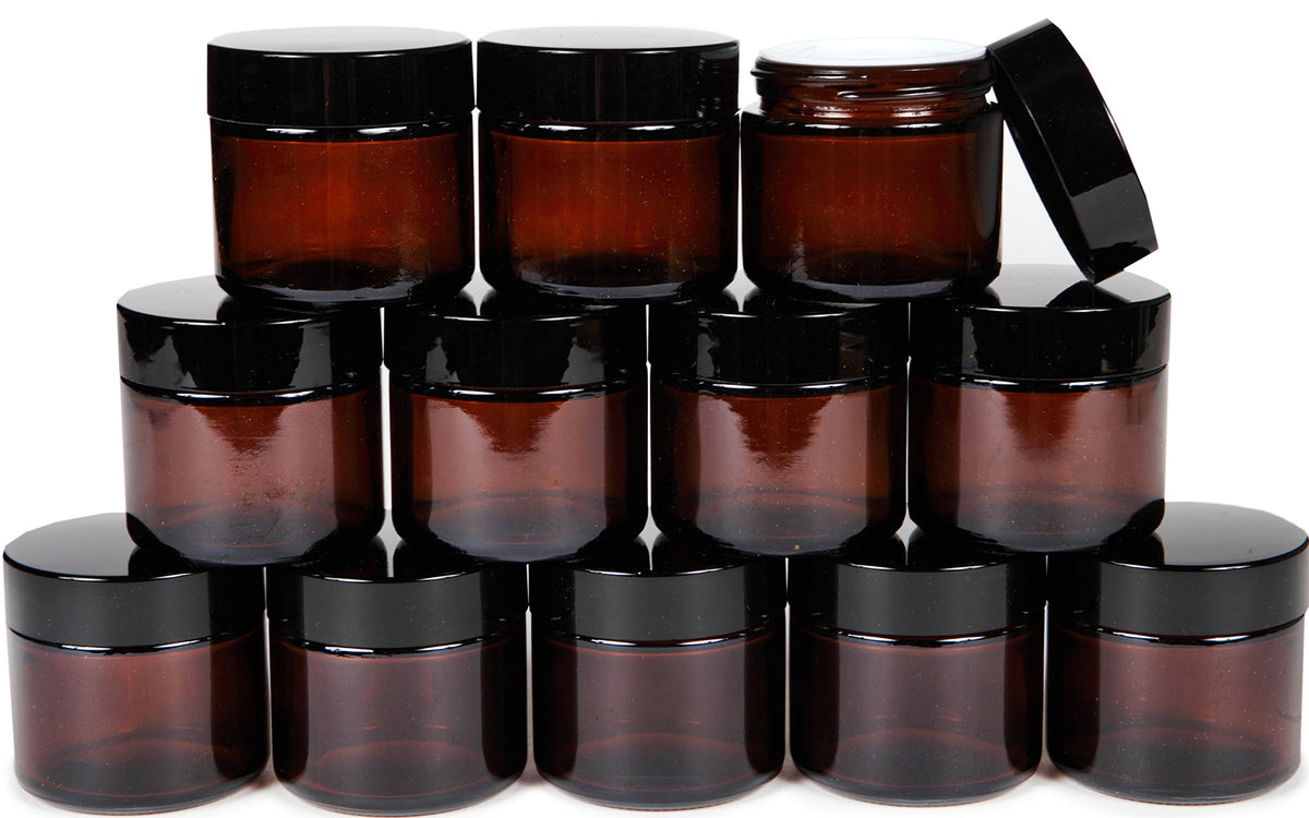 Vivaplex amber 2 oz round jar with inner liner demonstrates secure storage for cosmetics.