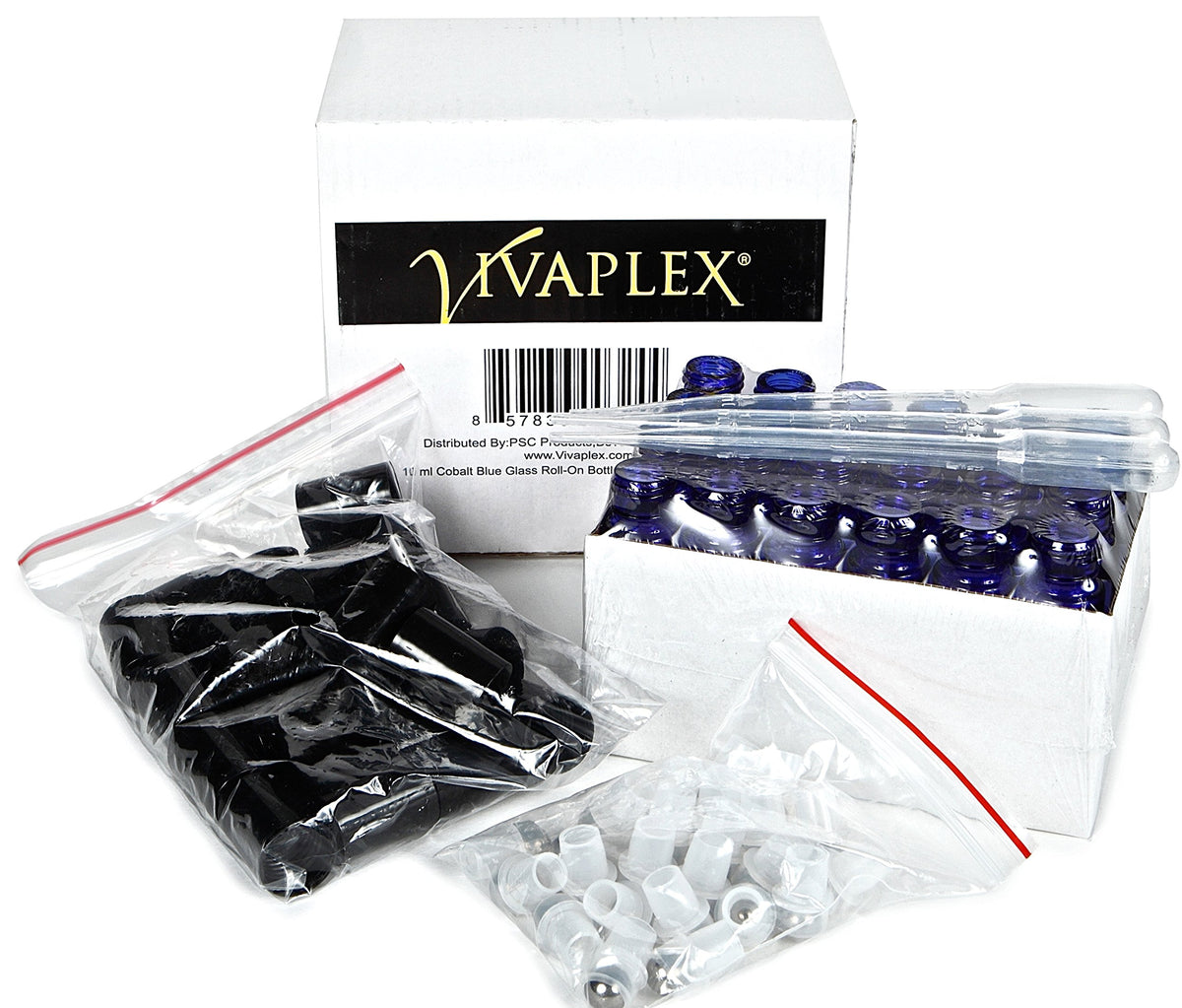Vivaplex black cap roll-on bottles ensure secure, portable storage.