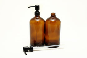 Matte black stainless steel pump on Vivaplex amber bottle for easy dispensing.