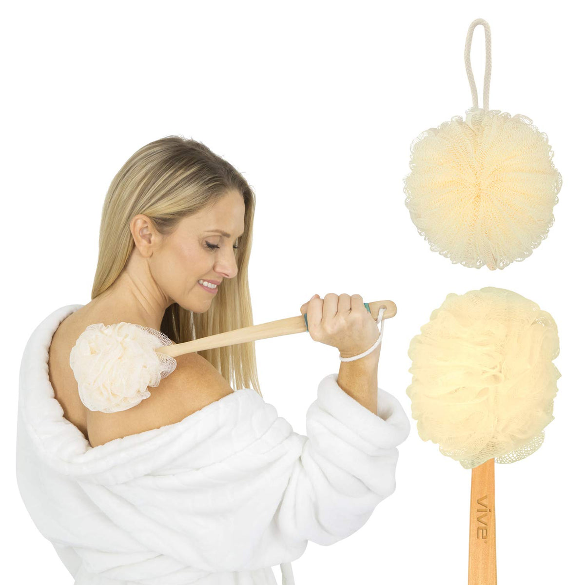 Vive 17-inch shower loofah with extended handle for easy back cleansing.