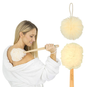 Vive 17-inch shower loofah with extended handle for easy back cleansing.