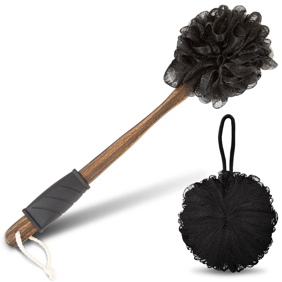 Vive 17-inch shower loofah with long handle reaching the back for easy cleansing.