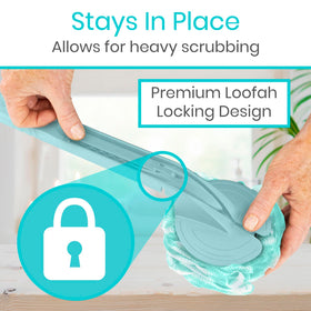 Vive extended-reach handle with non-slip grip eases shower exfoliation.