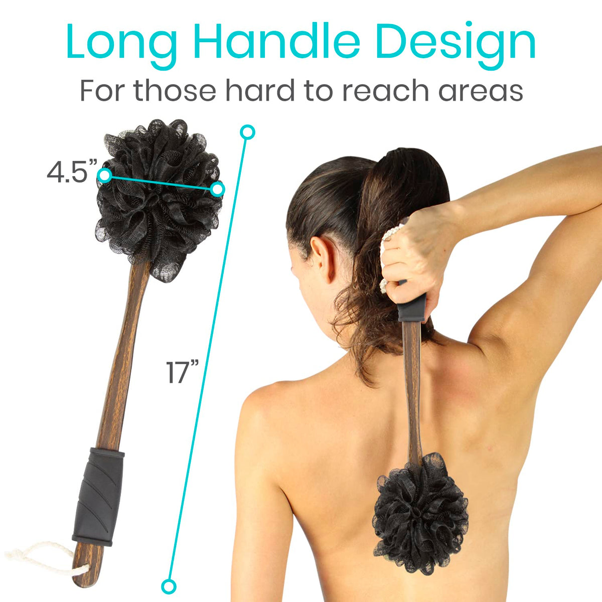Vive firm exfoliating loofah targets rough areas for smoother skin.