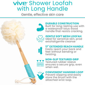 Vive firm handheld mesh loofah for exfoliation and smoother skin.
