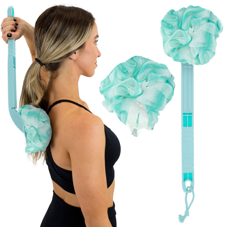 Vive long-handled loofah back scrubber extends reach for easier back cleaning.