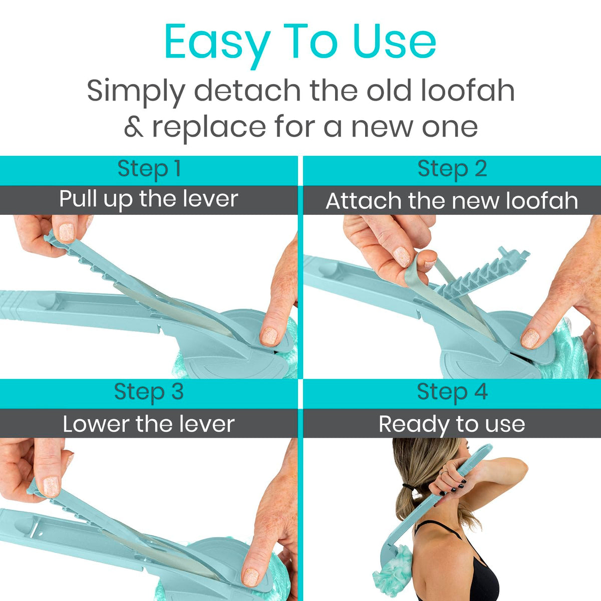 Vive secure loofah strap attachment enables quick, hassle-free replacements.