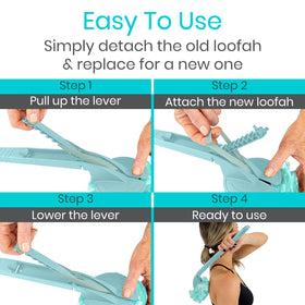 Vive secure loofah strap attachment enables quick, hassle-free replacements.