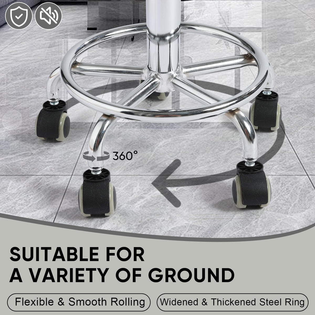 Chrome foot ring on Viviange rolling stool supporting comfortable posture