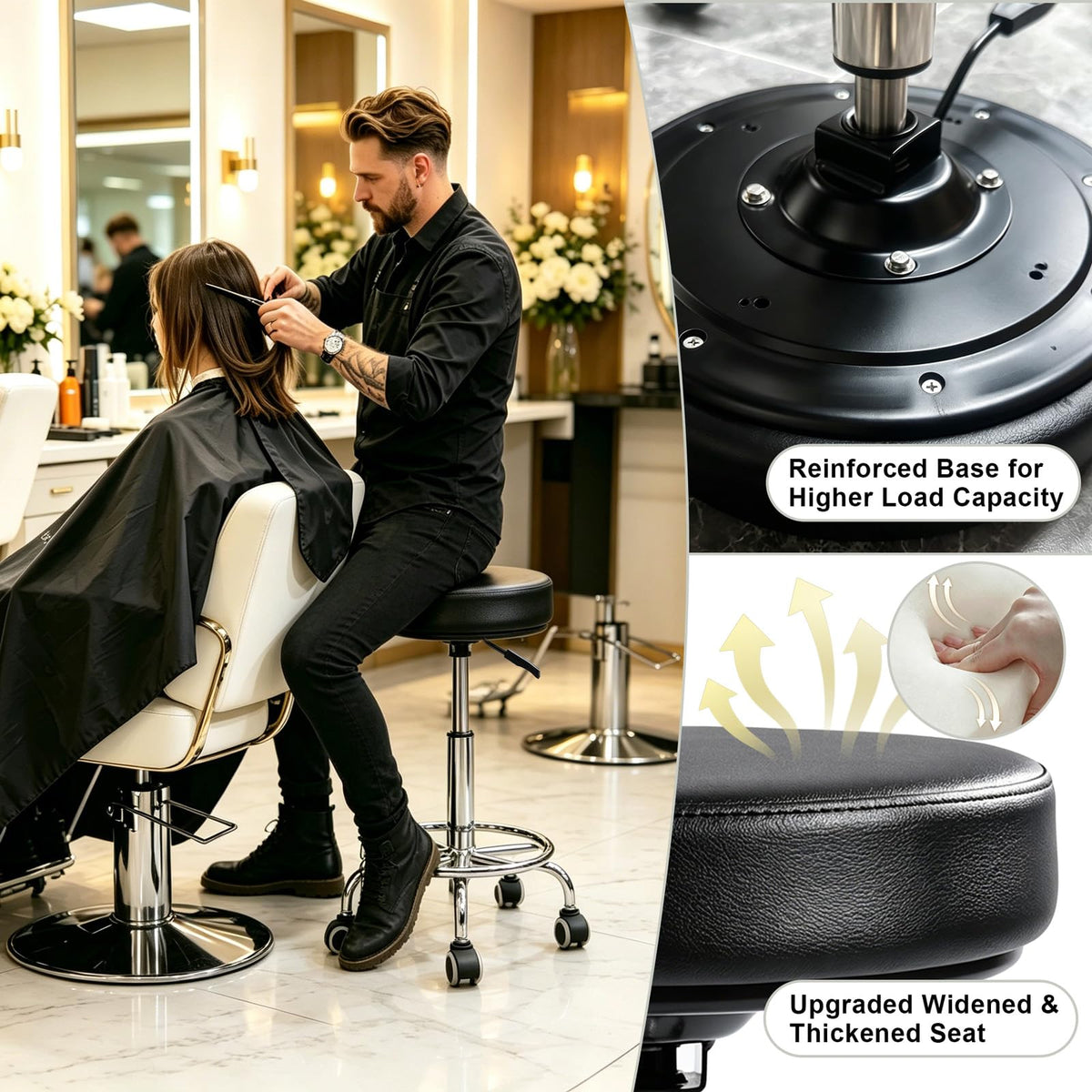 Non-slip wheels on Viviange stool provide stability on various floors