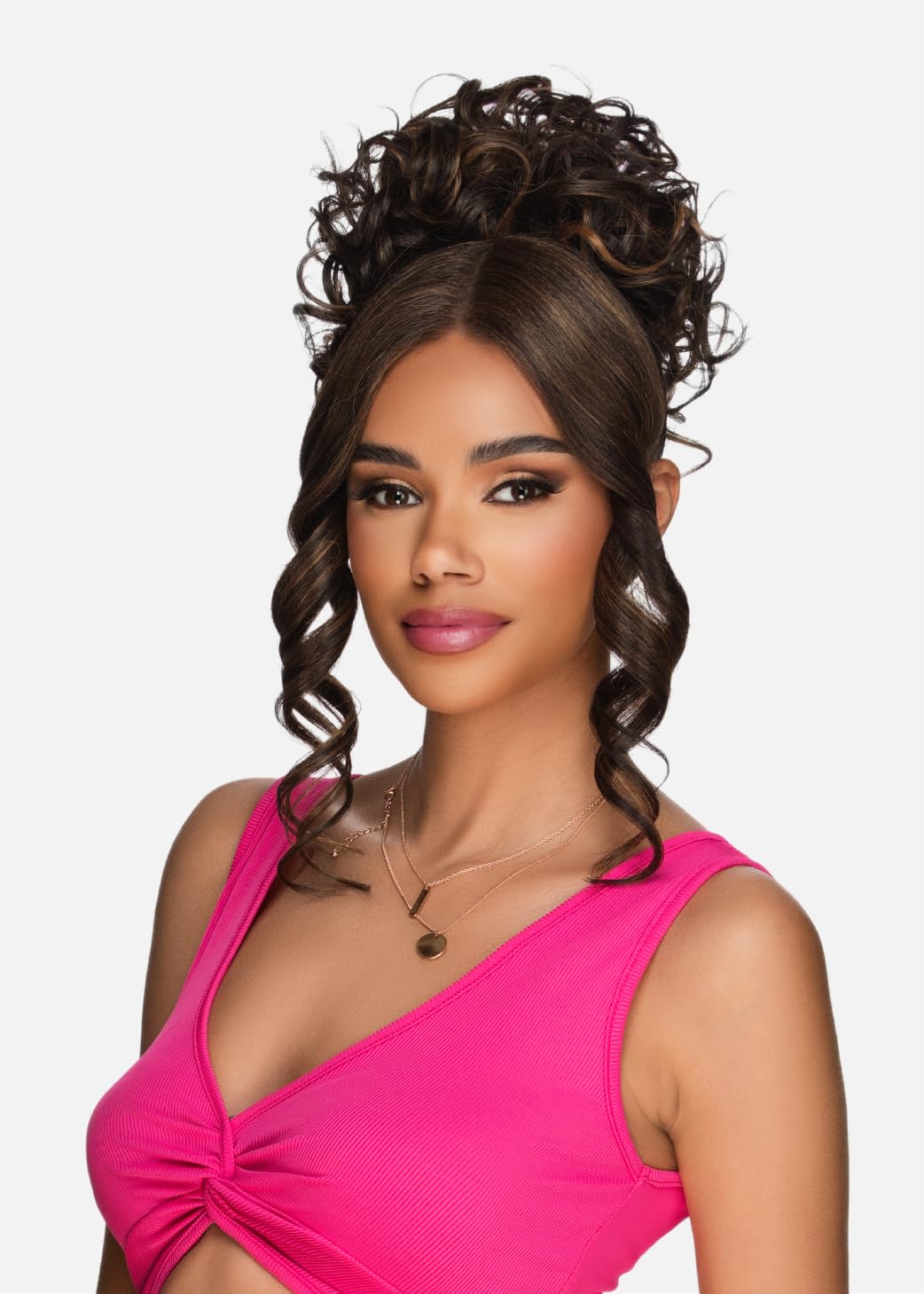 Vivica A. Fox LBPB-VIOLET Bang Bun updo shows voluminous bun and lace bang