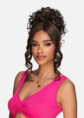 Vivica A. Fox LBPB-VIOLET Bang Bun updo shows voluminous bun and lace bang