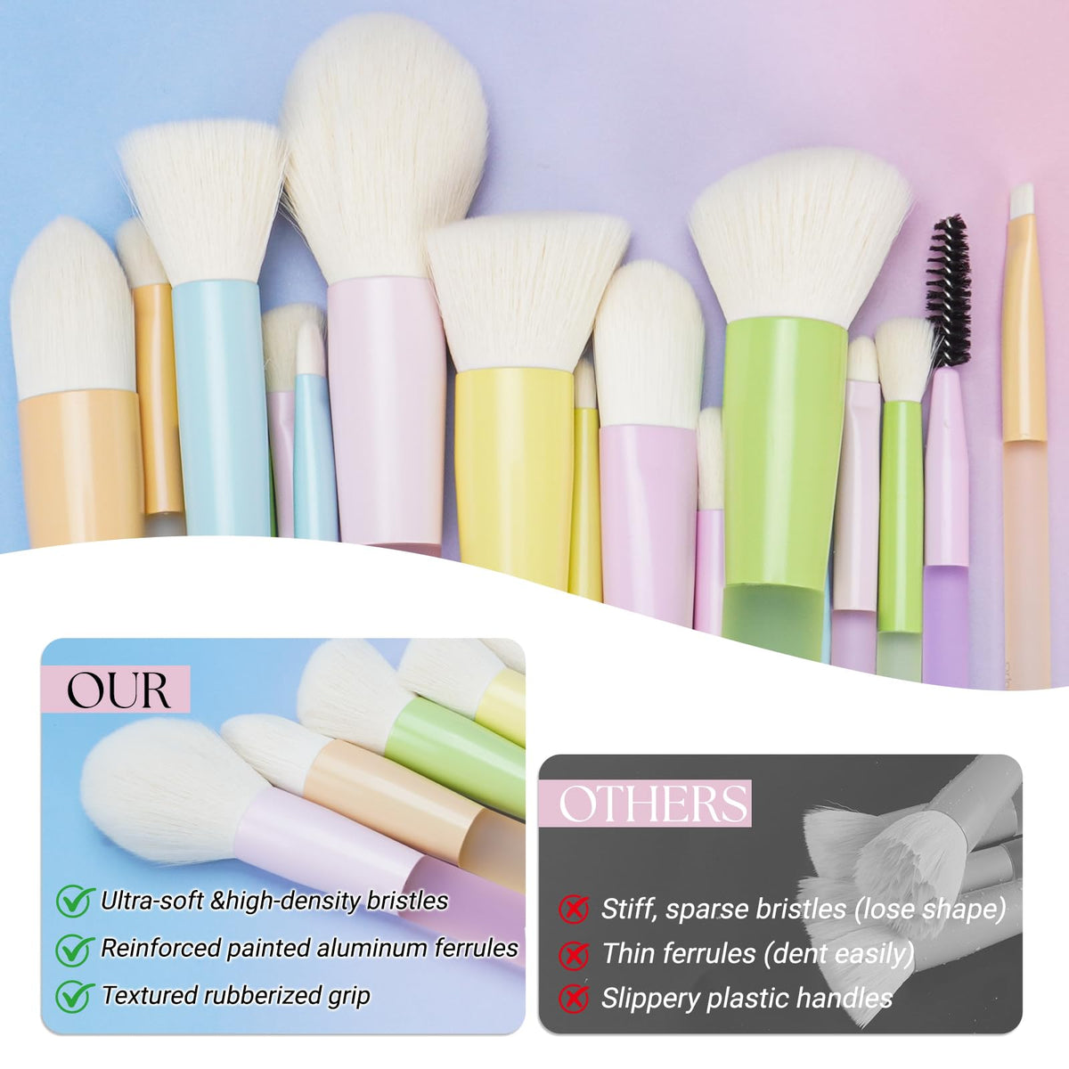 VIVID BEAUTY colorful brush design with pastel ferrules for stylish makeup routines