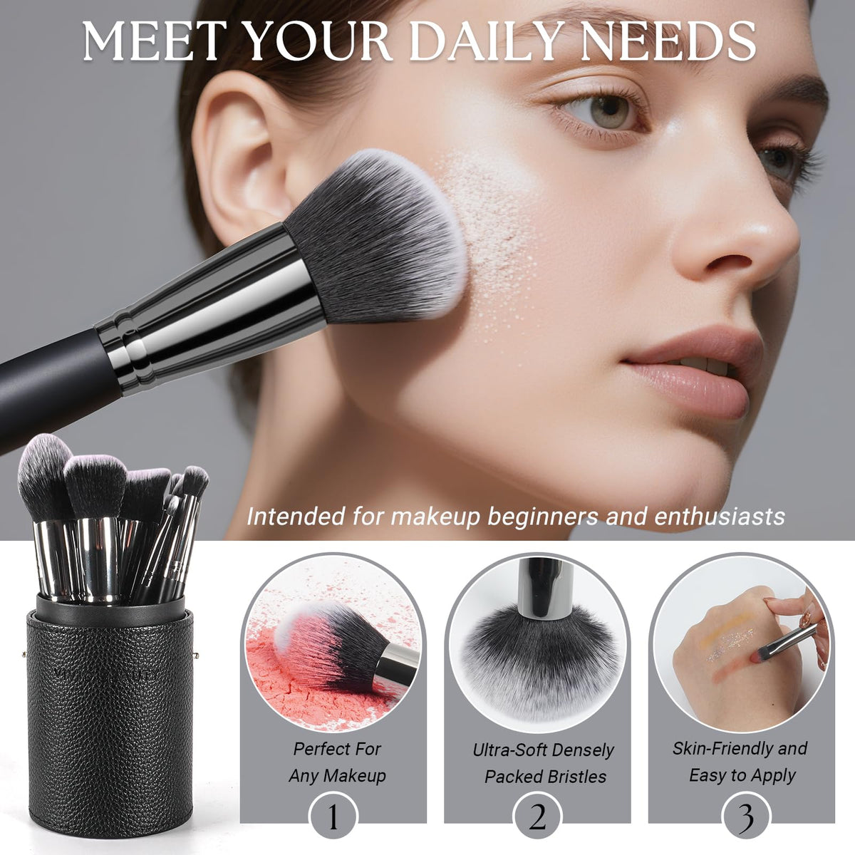 VIVID BEAUTY dense soft bristles glide gently for comfortable makeup.